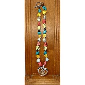 Vtg‎ Silver Tone Multi Color Dyed Howlite Chunky Bead Heart Pendant Necklace 92g